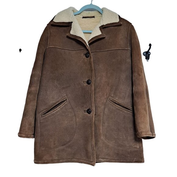 Jackets & Blazers - Vintage Sheepskin Coat Woman XL Real Sueded Brown Beige Button Front Western